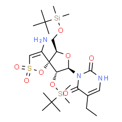 ChemSpider 2D Image | 3-[(5R,6R,8R,9R)-4-Amino-9-{[dimethyl(2-methyl-2-propanyl)silyl]oxy}-6-({[dimethyl(2-methyl-2-propanyl)silyl]oxy}methyl)-2,2-dioxido-1,7-dioxa-2-thiaspiro[4.4]non-3-en-8-yl]-5-ethyl-2,4(1H,3H)-pyrimid
inedione | C25H45N3O8SSi2