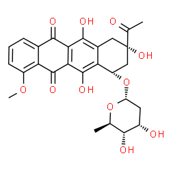 ChemSpider 2D Image | (1S,3S)-3-Acetyl-3,5,12-trihydroxy-10-methoxy-6,11-dioxo-1,2,3,4,6,11-hexahydro-1-tetracenyl 2,6-dideoxy-alpha-D-ribo-hexopyranoside | C27H28O11
