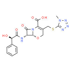 ChemSpider 2D Image | (6R,7S)-7-{[(2R)-2-Hydroxy-2-phenylacetyl]amino}-3-{[(1-methyl-1H-tetrazol-5-yl)sulfanyl]methyl}-8-oxo-5-oxa-1-azabicyclo[4.2.0]oct-2-ene-2-carboxylic acid | C18H18N6O6S