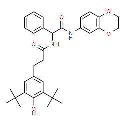 ChemSpider 2D Image | N-[2-(2,3-Dihydro-1,4-benzodioxin-6-ylamino)-2-oxo-1-phenylethyl]-3-[4-hydroxy-3,5-bis(2-methyl-2-propanyl)phenyl]propanamide | C33H40N2O5