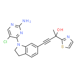 ChemSpider 2D Image | 4-[1-(2-Amino-5-chloro-4-pyrimidinyl)-2,3-dihydro-1H-indol-6-yl]-2-(1,3-thiazol-2-yl)-3-butyn-2-ol | C19H16ClN5OS