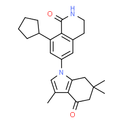 ChemSpider 2D Image | 8-Cyclopentyl-6-(3,6,6-trimethyl-4-oxo-4,5,6,7-tetrahydro-1H-indol-1-yl)-3,4-dihydro-1(2H)-isoquinolinone | C25H30N2O2