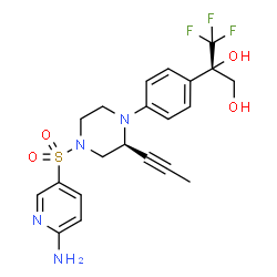 ChemSpider 2D Image | (2S)-2-{4-[(2S)-4-[(6-Amino-3-pyridinyl)sulfonyl]-2-(1-propyn-1-yl)-1-piperazinyl]phenyl}-3,3,3-trifluoro-1,2-propanediol | C21H23F3N4O4S