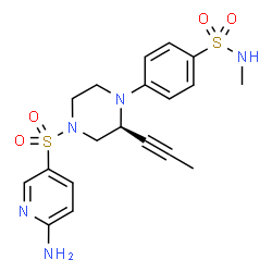 ChemSpider 2D Image | 4-[(2S)-4-[(6-Amino-3-pyridinyl)sulfonyl]-2-(1-propyn-1-yl)-1-piperazinyl]-N-methylbenzenesulfonamide | C19H23N5O4S2