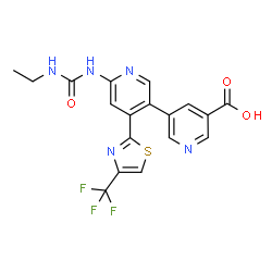 ChemSpider 2D Image | 6'-[(Ethylcarbamoyl)amino]-4'-[4-(trifluoromethyl)-1,3-thiazol-2-yl]-3,3'-bipyridine-5-carboxylic acid | C18H14F3N5O3S