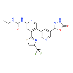ChemSpider 2D Image | 1-Ethyl-3-{5'-(5-oxo-4,5-dihydro-1,3,4-oxadiazol-2-yl)-4-[4-(trifluoromethyl)-1,3-thiazol-2-yl]-3,3'-bipyridin-6-yl}urea | C19H14F3N7O3S