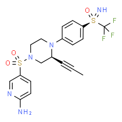 ChemSpider 2D Image | 5-{[(3S)-3-(1-Propyn-1-yl)-4-{4-[S-(trifluoromethyl)sulfonimidoyl]phenyl}-1-piperazinyl]sulfonyl}-2-pyridinamine | C19H20F3N5O3S2