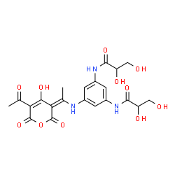 ChemSpider 2D Image | N,N'-(5-{[(1Z)-1-(5-Acetyl-4-hydroxy-2,6-dioxo-2H-pyran-3(6H)-ylidene)ethyl]amino}-1,3-phenylene)bis(2,3-dihydroxypropanamide) | C21H23N3O11