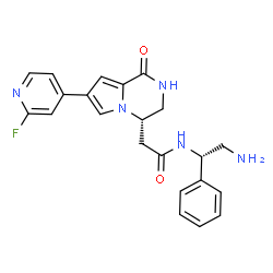 ChemSpider 2D Image | N-[(1S)-2-Amino-1-phenylethyl]-2-[(4S)-7-(2-fluoro-4-pyridinyl)-1-oxo-1,2,3,4-tetrahydropyrrolo[1,2-a]pyrazin-4-yl]acetamide | C22H22FN5O2
