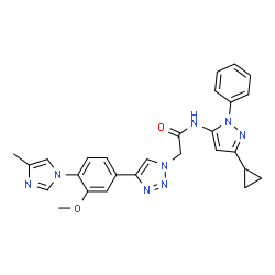 ChemSpider 2D Image | N-(3-Cyclopropyl-1-phenyl-1H-pyrazol-5-yl)-2-{4-[3-methoxy-4-(4-methyl-1H-imidazol-1-yl)phenyl]-1H-1,2,3-triazol-1-yl}acetamide | C27H26N8O2