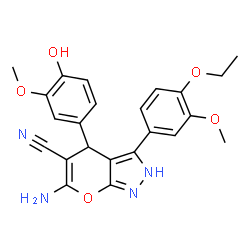 ChemSpider 2D Image | 6-Amino-3-(4-ethoxy-3-methoxyphenyl)-4-(4-hydroxy-3-methoxyphenyl)-2,4-dihydropyrano[2,3-c]pyrazole-5-carbonitrile | C23H22N4O5