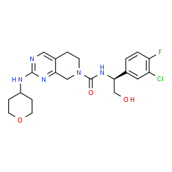 ChemSpider 2D Image | N-[(1S)-1-(3-Chloro-4-fluorophenyl)-2-hydroxyethyl]-2-(tetrahydro-2H-pyran-4-ylamino)-5,8-dihydropyrido[3,4-d]pyrimidine-7(6H)-carboxamide | C21H25ClFN5O3