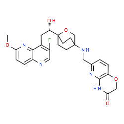 ChemSpider 2D Image | 6-[({1-[(1S)-2-(3-Fluoro-6-methoxy-1,5-naphthyridin-4-yl)-1-hydroxyethyl]-2-oxabicyclo[2.2.2]oct-4-yl}amino)methyl]-2H-pyrido[3,2-b][1,4]oxazin-3(4H)-one | C26H28FN5O5