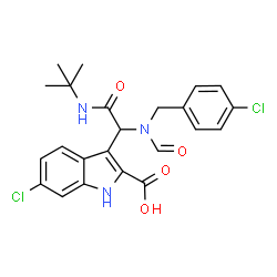 ChemSpider 2D Image | 6-Chloro-3-{1-[(4-chlorobenzyl)(formyl)amino]-2-[(2-methyl-2-propanyl)amino]-2-oxoethyl}-1H-indole-2-carboxylic acid | C23H23Cl2N3O4