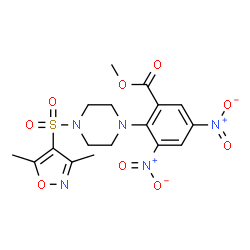 ChemSpider 2D Image | Methyl 2-{4-[(3,5-dimethyl-1,2-oxazol-4-yl)sulfonyl]-1-piperazinyl}-3,5-dinitrobenzoate | C17H19N5O9S