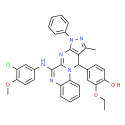 ChemSpider 2D Image | 4-{6-[(3-Chloro-4-methoxyphenyl)amino]-10-methyl-8-phenyl-8,11-dihydropyrazolo[3',4':4,5]pyrimido[1,2-a]quinoxalin-11-yl}-2-ethoxyphenol | C34H29ClN6O3