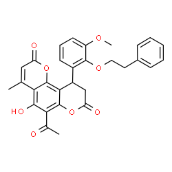 ChemSpider 2D Image | 6-Acetyl-5-hydroxy-10-[3-methoxy-2-(2-phenylethoxy)phenyl]-4-methyl-9,10-dihydro-2H,8H-pyrano[2,3-f]chromene-2,8-dione | C30H26O8
