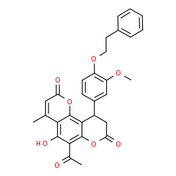 ChemSpider 2D Image | 6-Acetyl-5-hydroxy-10-[3-methoxy-4-(2-phenylethoxy)phenyl]-4-methyl-9,10-dihydro-2H,8H-pyrano[2,3-f]chromene-2,8-dione | C30H26O8