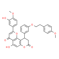 ChemSpider 2D Image | 5-Hydroxy-2-(3-hydroxy-4-methoxyphenyl)-10-{3-[2-(4-methoxyphenyl)ethoxy]phenyl}-9,10-dihydro-4H,8H-pyrano[2,3-f]chromene-4,8-dione | C34H28O9
