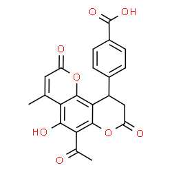 ChemSpider 2D Image | 4-(6-Acetyl-5-hydroxy-4-methyl-2,8-dioxo-9,10-dihydro-2H,8H-pyrano[2,3-f]chromen-10-yl)benzoic acid | C22H16O8