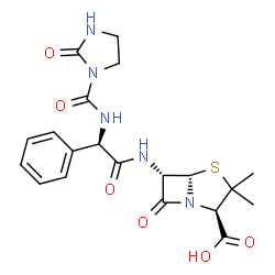 ChemSpider 2D Image | (2R,5S,6S)-3,3-Dimethyl-7-oxo-6-{[(2R)-2-{[(2-oxo-1-imidazolidinyl)carbonyl]amino}-2-phenylacetyl]amino}-4-thia-1-azabicyclo[3.2.0]heptane-2-carboxylic acid | C20H23N5O6S