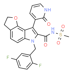 ChemSpider 2D Image | 6-(2,5-Difluorobenzyl)-N-(methylsulfonyl)-8-(2-oxo-1,2-dihydro-3-pyridinyl)-3,6-dihydro-2H-furo[2,3-e]indole-7-carboxamide | C24H19F2N3O5S