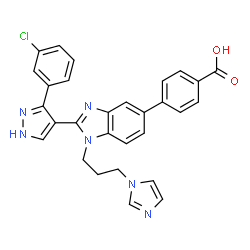ChemSpider 2D Image | 4-{2-[3-(3-Chlorophenyl)-1H-pyrazol-4-yl]-1-[3-(1H-imidazol-1-yl)propyl]-1H-benzimidazol-5-yl}benzoic acid | C29H23ClN6O2