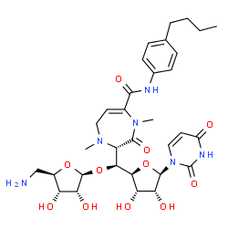 ChemSpider 2D Image | (5S)-5'-O-(5-Amino-5-deoxy-beta-D-ribofuranosyl)-5'-C-{(2S)-5-[(4-butylphenyl)carbamoyl]-1,4-dimethyl-3-oxo-2,3,4,7-tetrahydro-1H-1,4-diazepin-2-yl}uridine | C32H44N6O11