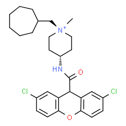 ChemSpider 2D Image | trans-1-(Cycloheptylmethyl)-4-{[(2,7-dichloro-9H-xanthen-9-yl)carbonyl]amino}-1-methylpiperidinium | C28H35Cl2N2O2