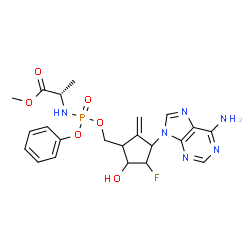 ChemSpider 2D Image | Methyl N-[{[3-(6-amino-9H-purin-9-yl)-4-fluoro-5-hydroxy-2-methylenecyclopentyl]methoxy}(phenoxy)phosphoryl]-L-alaninate | C22H26FN6O6P