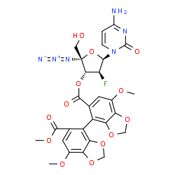 ChemSpider 2D Image | (2R,3R,4S,5R)-5-(4-Amino-2-oxo-1(2H)-pyrimidinyl)-2-azido-4-fluoro-2-(hydroxymethyl)tetrahydro-3-furanyl methyl 7,7'-dimethoxy-4,4'-bi-1,3-benzodioxole-5,5'-dicarboxylate (non-preferred name) | C28H25FN6O13