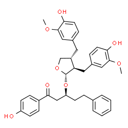 ChemSpider 2D Image | (3S)-3-{[(2S,3R,4R)-3,4-Bis(4-hydroxy-3-methoxybenzyl)tetrahydro-2-furanyl]oxy}-1-(4-hydroxyphenyl)-5-phenyl-1-pentanone | C37H40O8