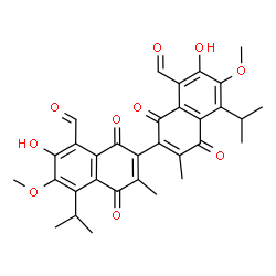 ChemSpider 2D Image | 7,7'-Dihydroxy-5,5'-diisopropyl-6,6'-dimethoxy-3,3'-dimethyl-1,1',4,4'-tetraoxo-1,1',4,4'-tetrahydro-2,2'-binaphthalene-8,8'-dicarbaldehyde | C32H30O10