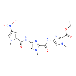 ChemSpider 2D Image | Ethyl 1-methyl-4-{[(1-methyl-4-{[(1-methyl-4-nitro-1H-pyrrol-2-yl)carbonyl]amino}-1H-imidazol-2-yl)carbonyl]amino}-1H-imidazole-2-carboxylate | C18H20N8O6