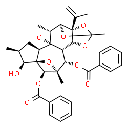 ChemSpider 2D Image | (1R,2S,3S,6R,7S,8S,10S,11R,12R,13S,17S,19R)-7,11-Dihydroxy-17-isopropenyl-4,8,12,15-tetramethyl-5,14,16,18-tetraoxahexacyclo[13.2.1.1~4,6~.0~2,11~.0~6,10~.0~13,17~]nonadecane-3,19-diyl dibenzoate | C36H40O10