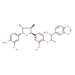 ChemSpider 2D Image | 4-[(2S,3R,4R,5S)-5-(4-{[1-(1,3-Benzodioxol-5-yl)-1-hydroxy-2-propanyl]oxy}-3-methoxyphenyl)-3,4-dimethyltetrahydro-2-furanyl]-2-methoxyphenol | C30H34O8