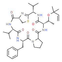 ChemSpider 2D Image | (2S,5S,14S,17S,20S)-14-Benzyl-2,17-diisopropyl-5-{1-[(2-methyl-3-buten-2-yl)oxy]ethyl}-22-thia-3,6,12,15,18,23-hexaazatricyclo[18.2.1.0~8,12~]tricos-1(23)-ene-4,7,13,16,19-pentone | C36H52N6O6S