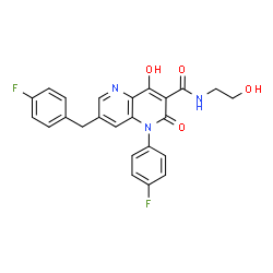 ChemSpider 2D Image | 7-(4-Fluorobenzyl)-1-(4-fluorophenyl)-4-hydroxy-N-(2-hydroxyethyl)-2-oxo-1,2-dihydro-1,5-naphthyridine-3-carboxamide | C24H19F2N3O4