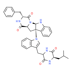ChemSpider 2D Image | (3R,5aR,10bS,11aS)-3-Benzyl-10b-(3-{[(5R)-5-isobutyl-3,6-dioxo-2-piperazinyl]methyl}-1H-indol-1-yl)-6,10b,11,11a-tetrahydro-2H-pyrazino[1',2':1,5]pyrrolo[2,3-b]indole-1,4(3H,5aH)-dione | C37H38N6O4