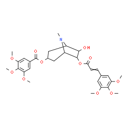 ChemSpider 2D Image | 6-Hydroxy-8-methyl-7-{[3-(3,4,5-trimethoxyphenyl)acryloyl]oxy}-8-azabicyclo[3.2.1]oct-3-yl 3,4,5-trimethoxybenzoate | C30H37NO11