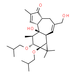ChemSpider 2D Image | (1aR,1bS,4aR,7aR,7bR,8R,9R,9aS)-7b-Hydroxy-3-(hydroxymethyl)-9,9a-diisobutoxy-1,1,6,8-tetramethyl-1,1a,1b,4,4a,7a,7b,8,9,9a-decahydro-5H-cyclopropa[3,4]benzo[1,2-e]azulen-5-one | C28H44O5