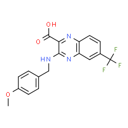 ChemSpider 2D Image | 3-[(4-Methoxybenzyl)amino]-6-(trifluoromethyl)-2-quinoxalinecarboxylic acid | C18H14F3N3O3