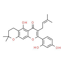 ChemSpider 2D Image | 8-(2,4-Dihydroxyphenyl)-5-hydroxy-2,2-dimethyl-7-(3-methyl-2-buten-1-yl)-3,4-dihydro-2H,6H-pyrano[3,2-g]chromen-6-one | C25H26O6