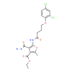 ChemSpider 2D Image | Ethyl 4-carbamoyl-5-{[4-(2,4-dichlorophenoxy)butanoyl]amino}-2-methyl-3-furoate | C19H20Cl2N2O6
