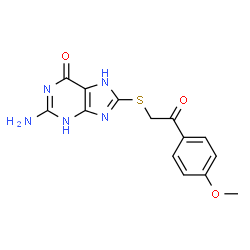 ChemSpider 2D Image | 2-amino-8-{[2-(4-methoxyphenyl)-2-oxoethyl]sulfanyl}-1,7-dihydro-6H-purin-6-one | C14H13N5O3S