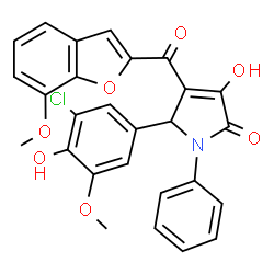ChemSpider 2D Image | 5-(3-Chloro-4-hydroxy-5-methoxyphenyl)-3-hydroxy-4-[(7-methoxy-1-benzofuran-2-yl)carbonyl]-1-phenyl-1,5-dihydro-2H-pyrrol-2-one | C27H20ClNO7