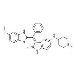 ChemSpider 2D Image | (3Z)-5-[(1-Ethyl-4-piperidinyl)amino]-3-[(6-methoxy-1H-benzimidazol-2-yl)(phenyl)methylene]-1,3-dihydro-2H-indol-2-one | C30H31N5O2