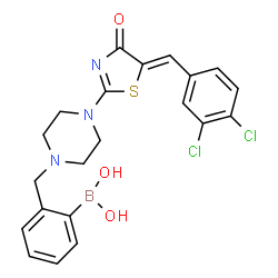 ChemSpider 2D Image | [2-({4-[(5Z)-5-(3,4-Dichlorobenzylidene)-4-oxo-4,5-dihydro-1,3-thiazol-2-yl]-1-piperazinyl}methyl)phenyl]boronic acid | C21H20BCl2N3O3S