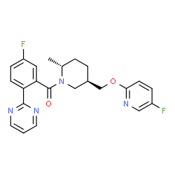 ChemSpider 2D Image | 2-{4-fluoro-2-[(2R,5R)-5-{[(5-fluoropyridin-2-yl)oxy]methyl}-2-methylpiperidine-1-carbonyl]phenyl}pyrimidine | C23H22F2N4O2