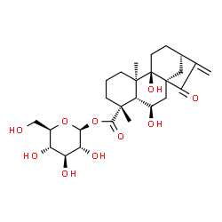 ChemSpider 2D Image | 1-O-[(5beta,6beta,8alpha,9beta,10alpha)-6,9-Dihydroxy-15,18-dioxokaur-16-en-18-yl]-beta-D-glucopyranose | C26H38O10